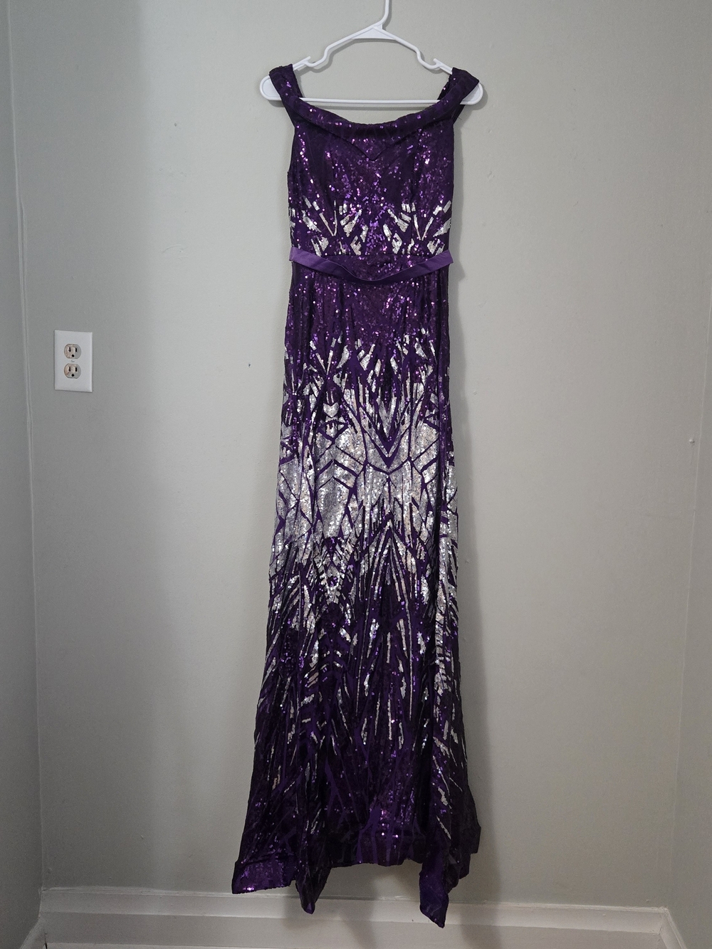 Sequined Purple Prom Gown with Silver Accents